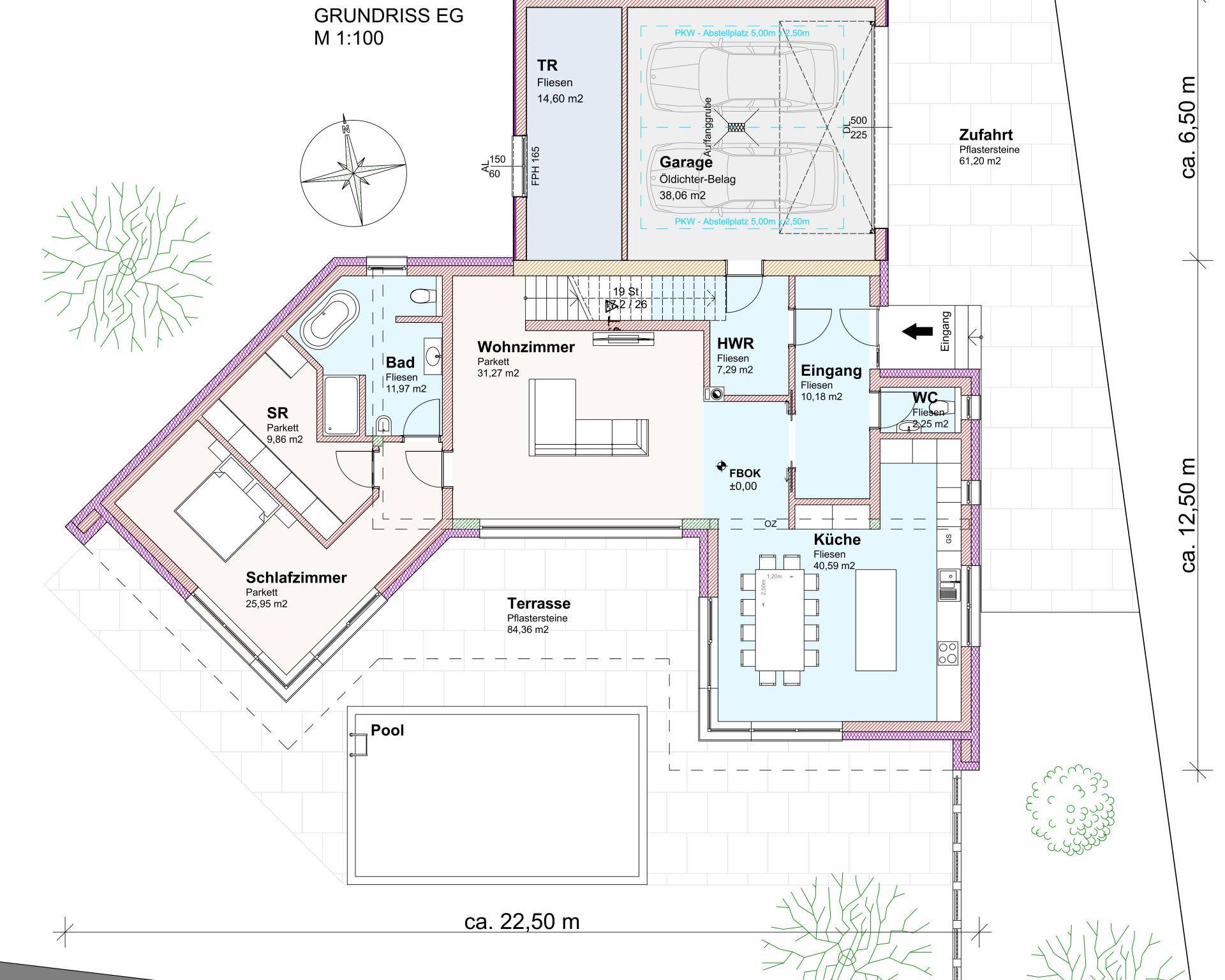Grundriss des Erdgeschosses mit Wohnzimmer, Küche, Schlafzimmer, Bad, Terrasse und Poolbereich.