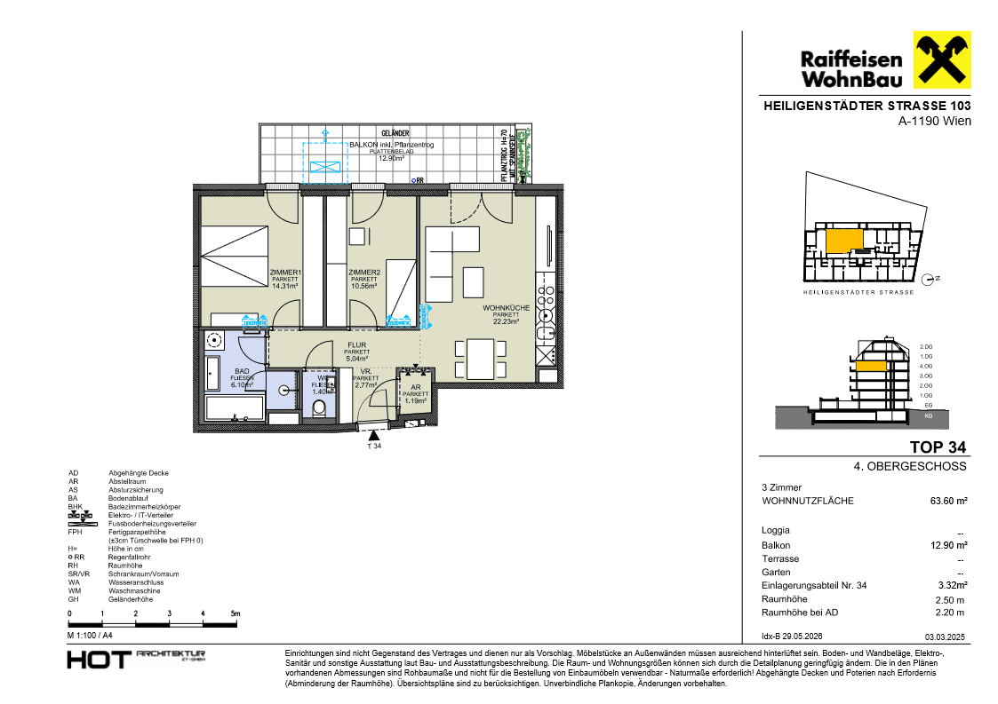 Grundriss einer 3-Zimmer-Wohnung im 4. Obergeschoss mit 63,60 m² Wohnfläche, Balkon und Loggia.