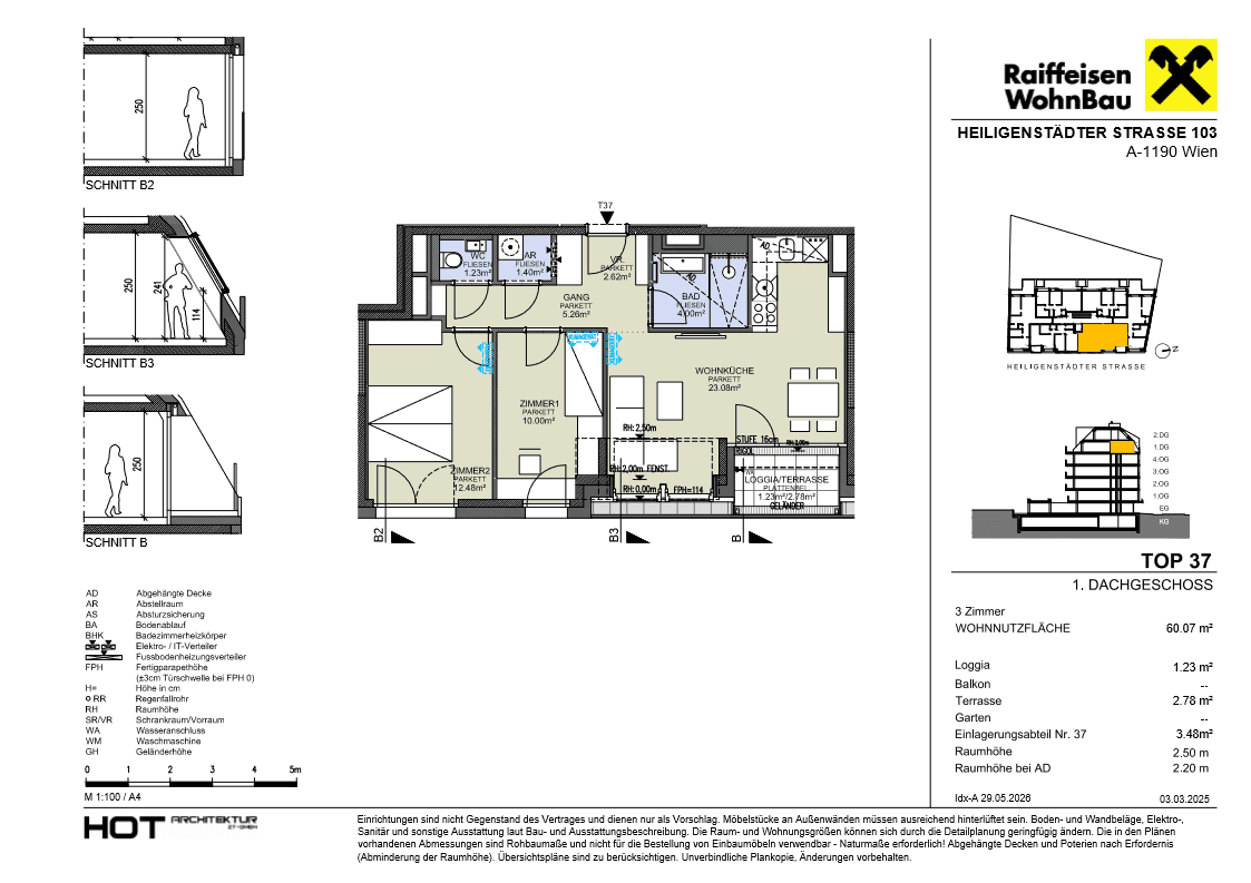 Grundriss einer 3-Zimmer-Wohnung im Dachgeschoss mit offener Wohnküche, Loggia und Terrasse.
