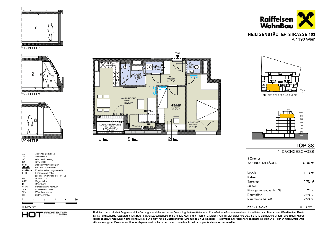 Grundriss einer 3-Zimmer-Wohnung im Dachgeschoss mit offener Wohnküche, Loggia und Terrasse.