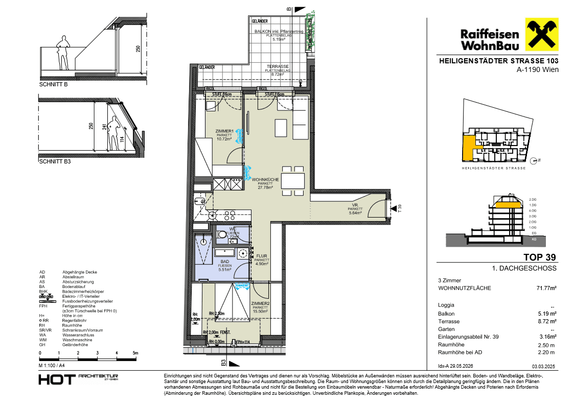 Grundriss einer 3-Zimmer-Wohnung im Dachgeschoss mit offener Wohnküche, Balkon, Loggia und Terrasse.