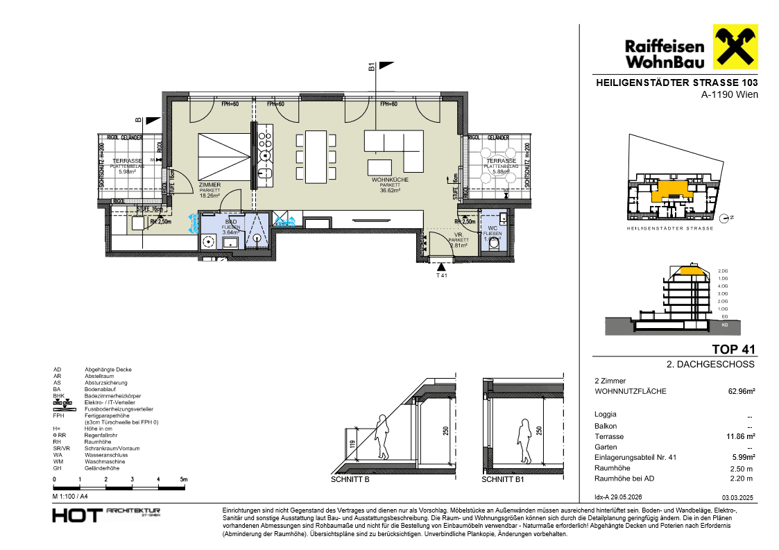 Grundriss einer 2-Zimmer-Wohnung mit offener Wohnküche, einem Schlafzimmer, Bad, separatem WC und einer Terrasse.