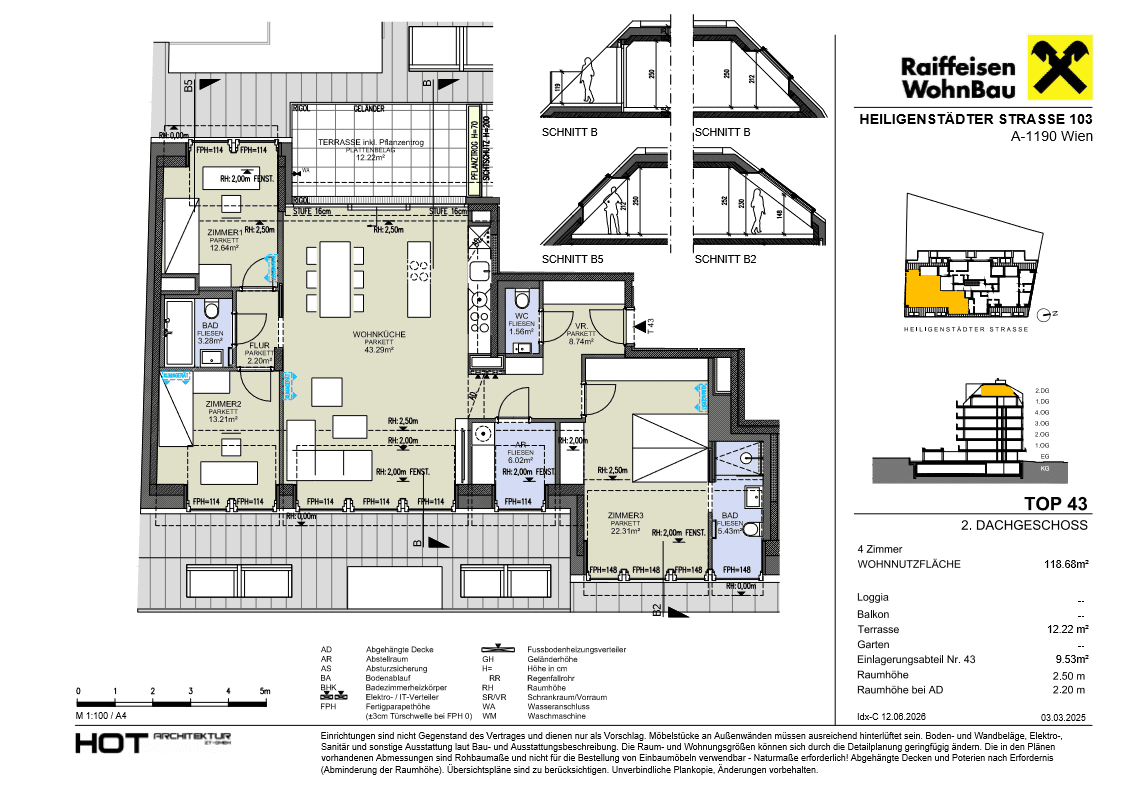 Grundriss einer 4-Zimmer-Wohnung im Dachgeschoss mit offener Wohnküche, zwei Bädern, separatem WC und großer Terrasse.