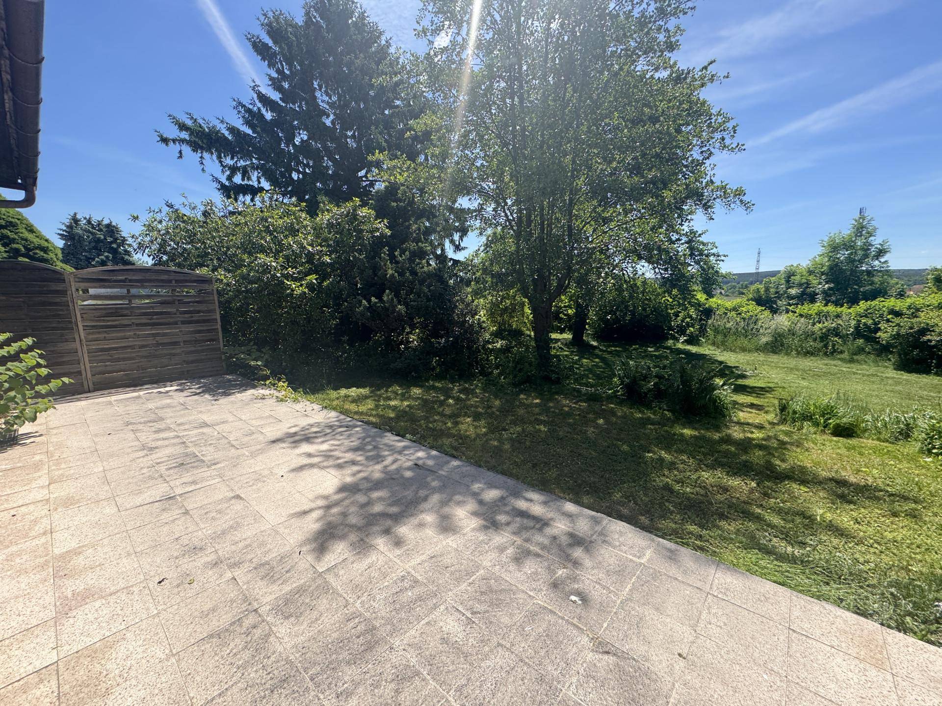 Gepflasterter Terrassenbereich neben einem üppigen grünen Garten mit Bäumen und Sträuchern.