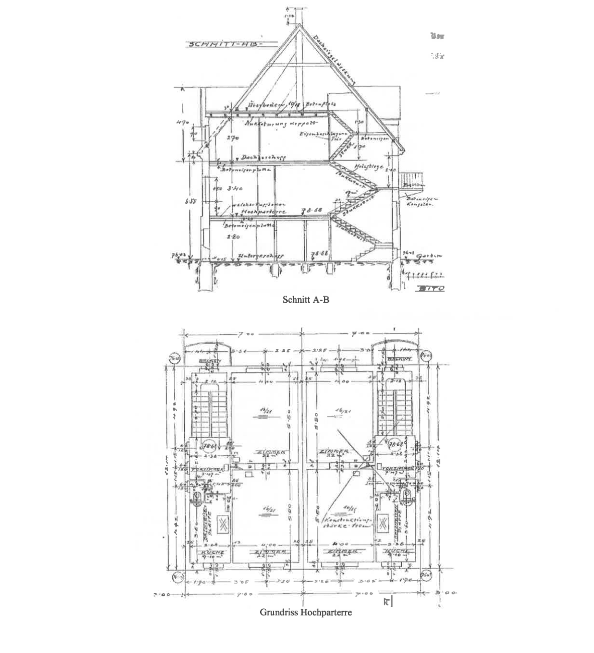 Historischer Schnittplan und Grundriss des Hochparterres von 1923 mit hohen Decken.