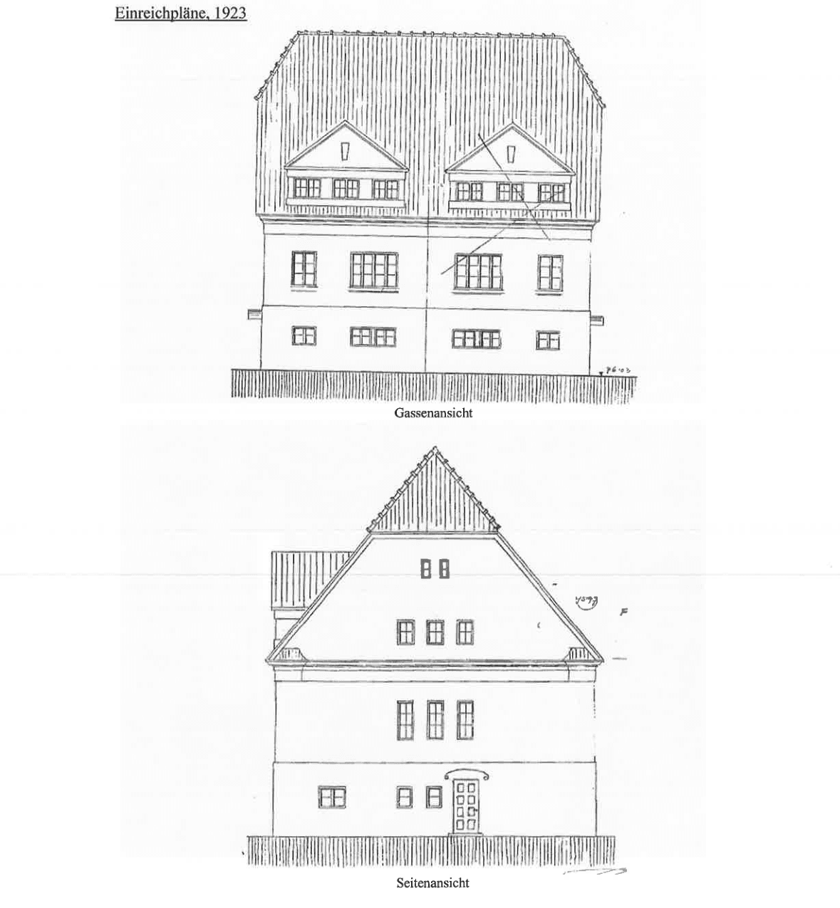 Historische Einreichpläne von 1923 mit Gassen- und Seitenansicht des Gebäudes und Mansarddach.