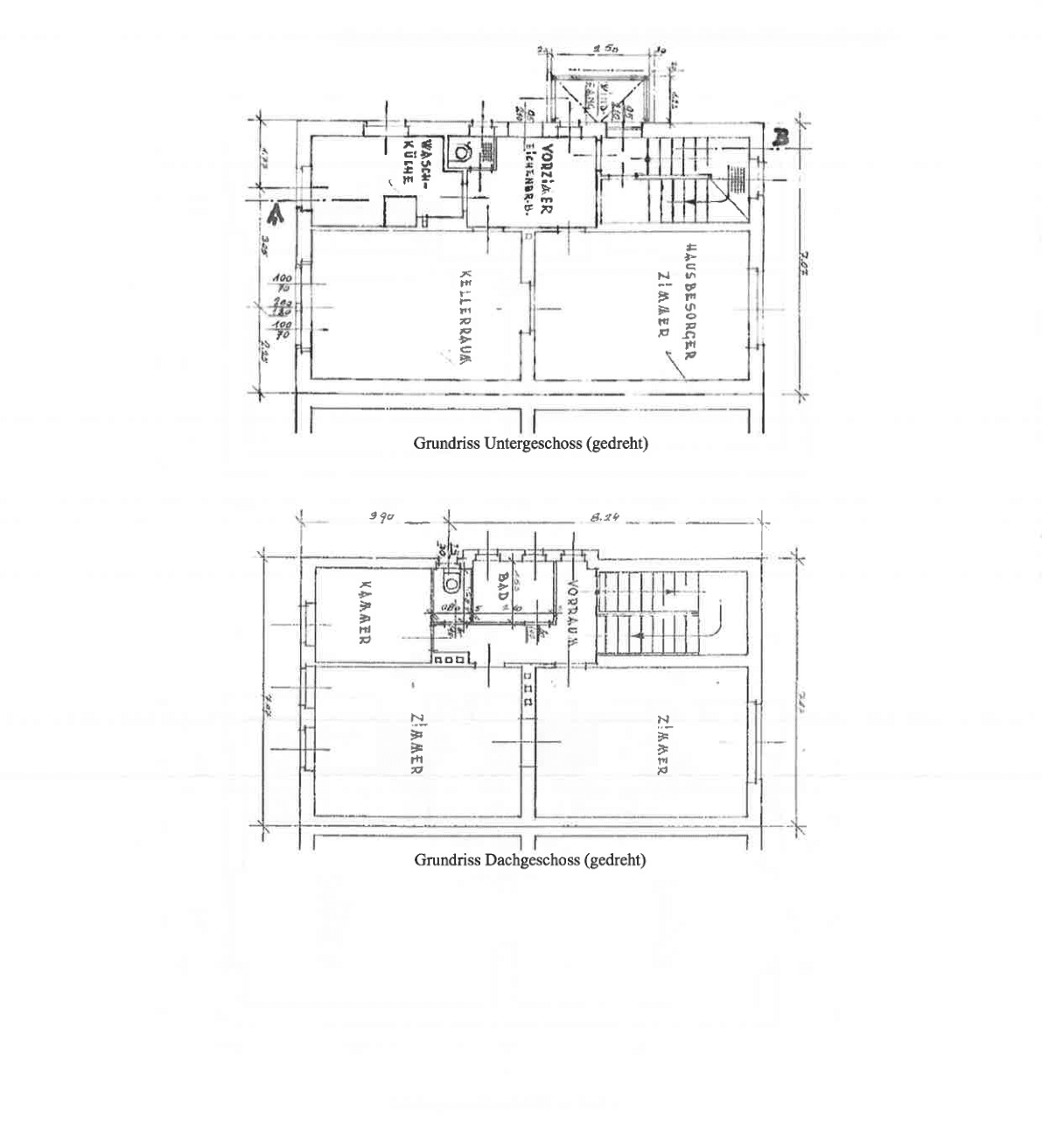Historische Grundrisse des Untergeschosses und Dachgeschosses mit Waschküche und Dachschrägen.