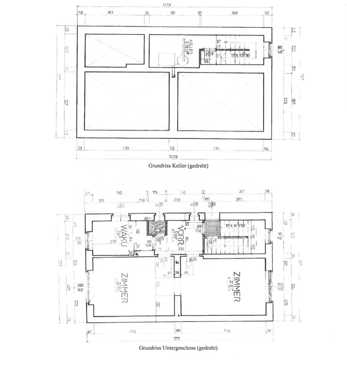 Historische Grundrisse des Kellers und Untergeschosses mit detaillierter Raumaufteilung.
