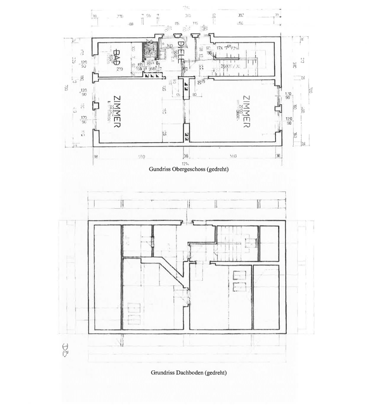 Historische Grundrisse des Obergeschosses und Dachbodens mit Zimmeraufteilung und Dachschrägen.