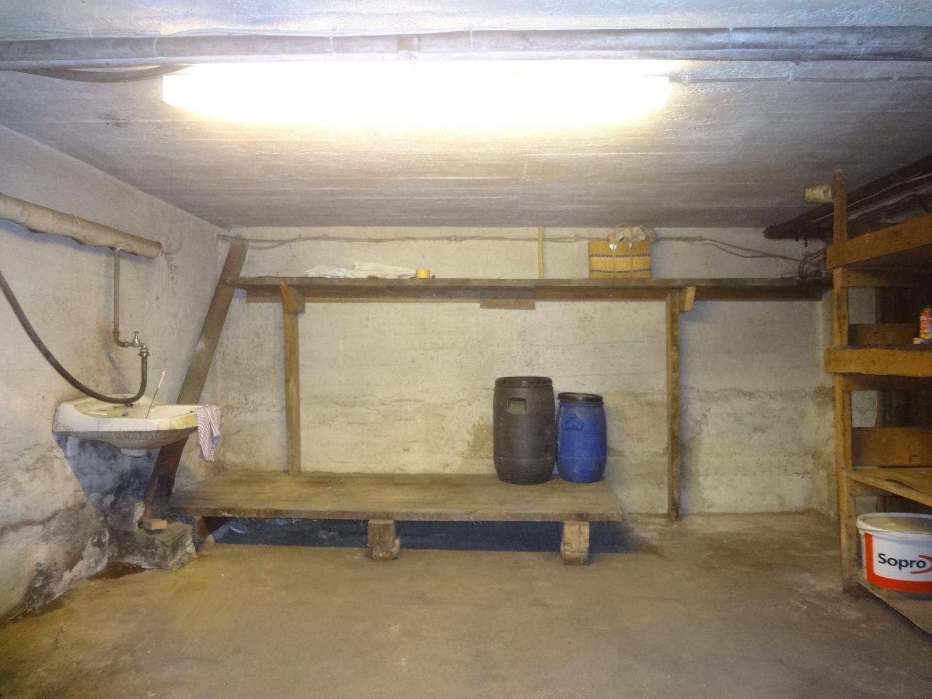 Kellerraum mit Betonboden, Waschbecken und einfachen Holzregalen zur Lagerung.