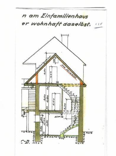 Querschnitt eines Einfamilienhauses mit Treppenhaus und sichtbarer Dachkonstruktion.