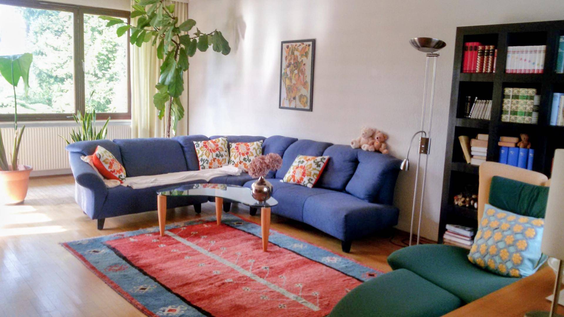 Gemütliches Wohnzimmer mit blauer Eckcouch, farbenfrohem Teppich und großen Fenstern.