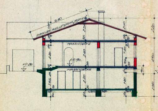Architektonischer Schnittplan des Gebäudes, der die Geschosse und Dachkonstruktion darstellt.