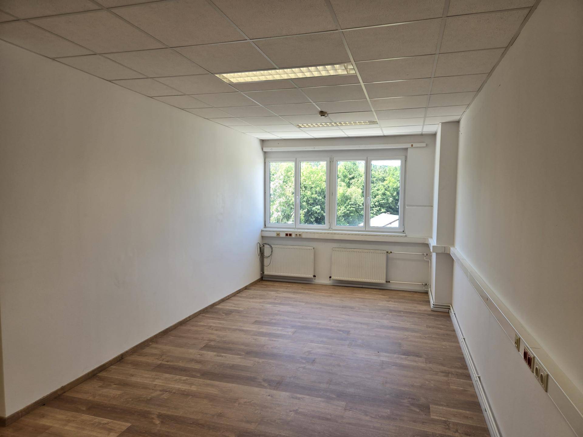 Heller Büroraum mit Holzoptik-Laminatboden, großen Fenstern und Heizkörpern unter den Fenstern.