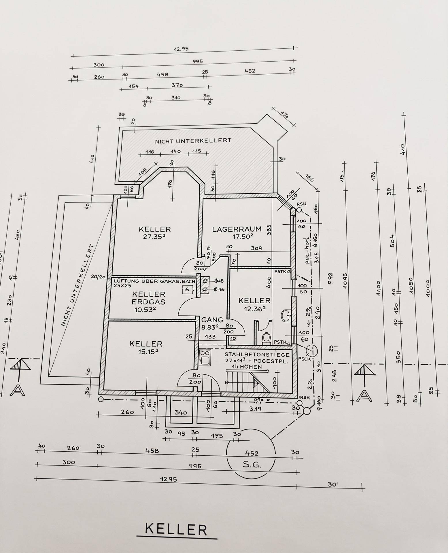Grundriss des Kellers mit verschiedenen Kellerräumen und Lagerflächen.