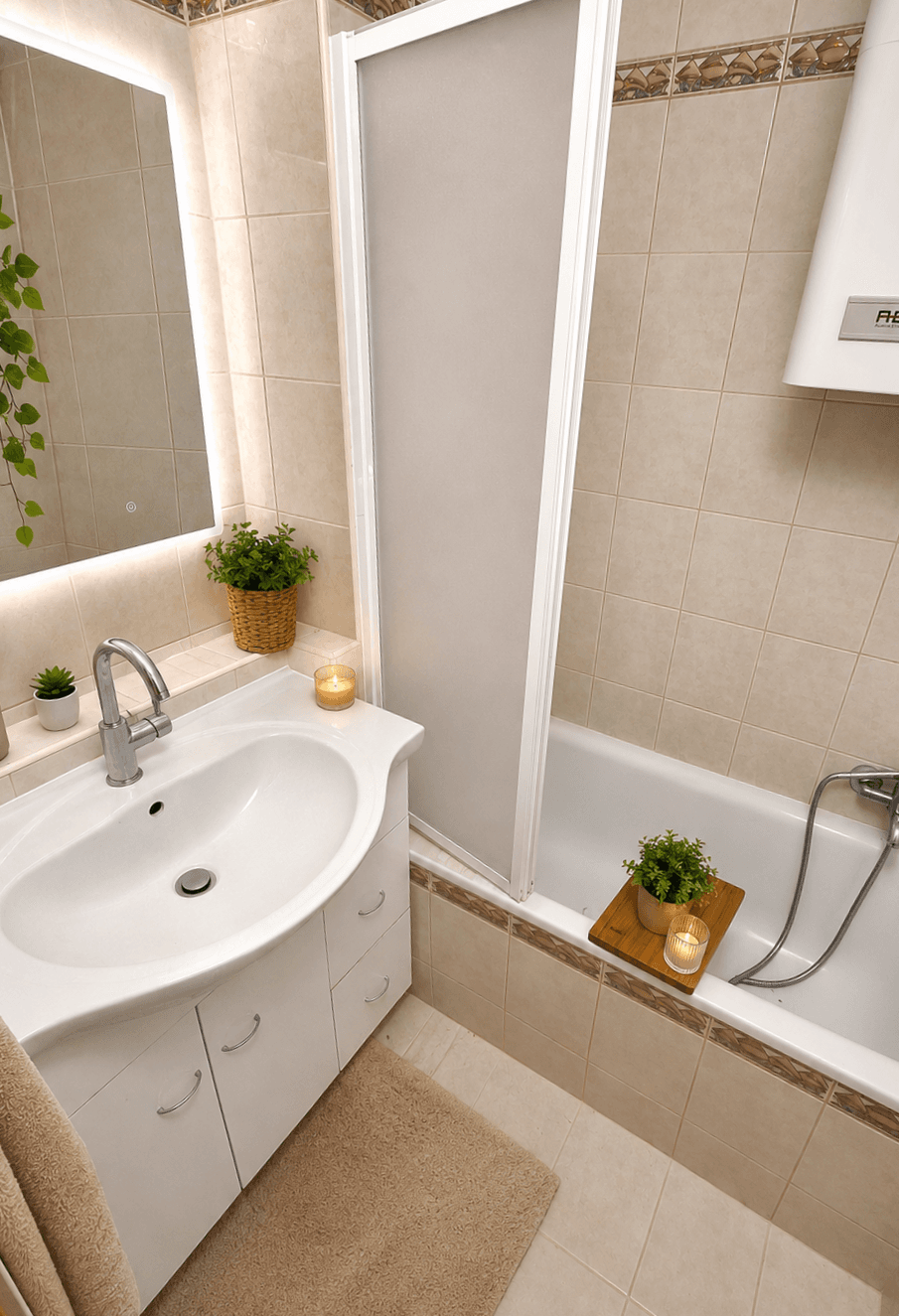 Modernes Badezimmer mit Badewanne, beleuchtetem Spiegel und beigefarbenen Fliesen.