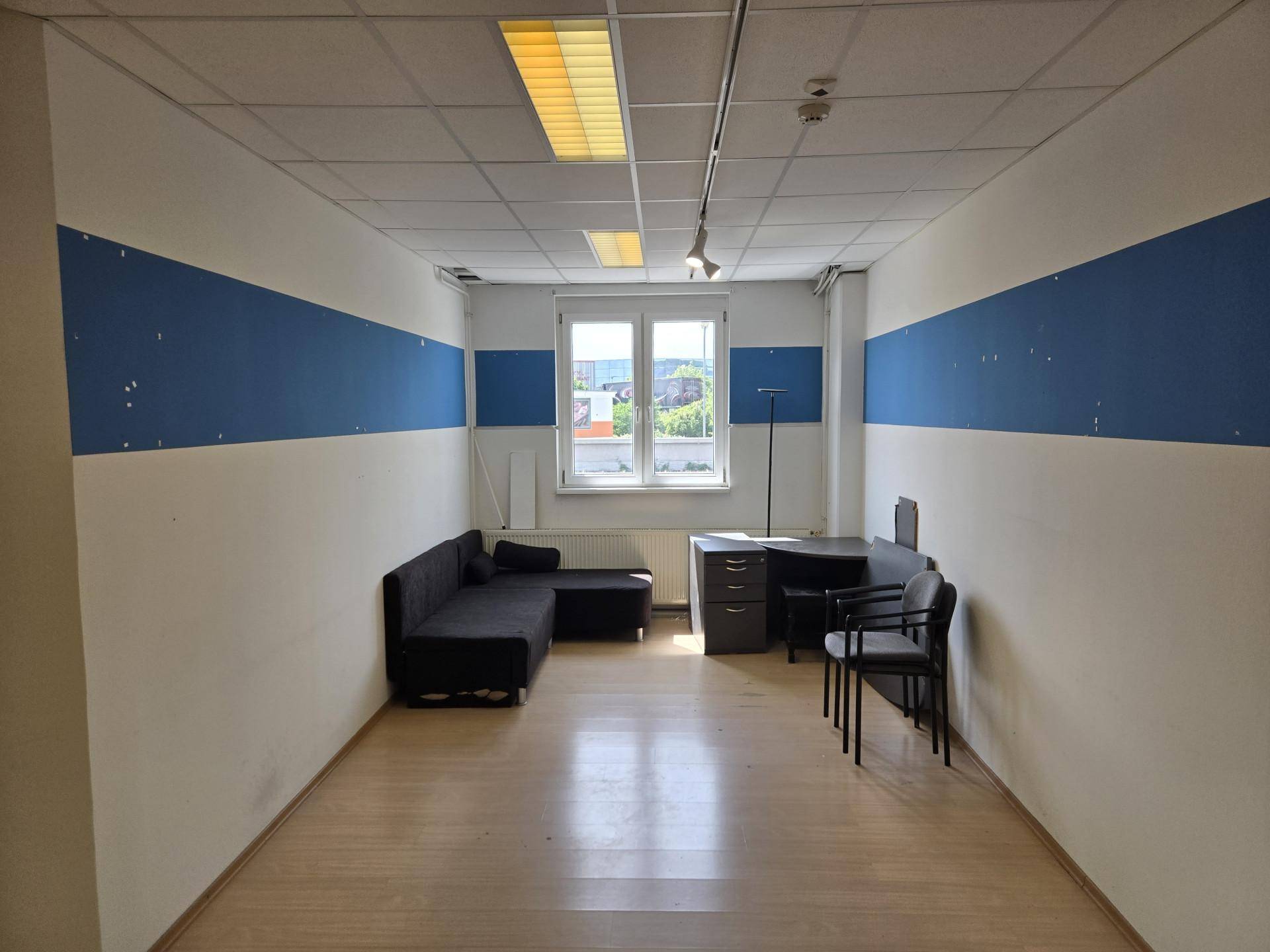 Länglicher Büroraum mit Laminatboden, Fenster und blauen Akzentstreifen an den Wänden.