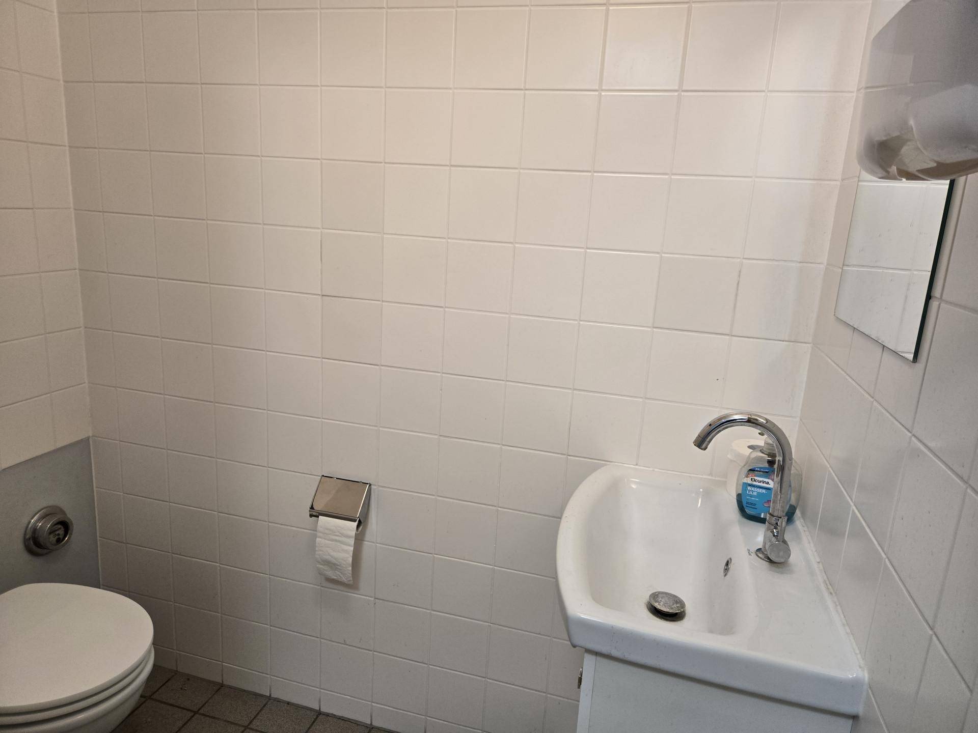 Kleines Badezimmer mit weißen Fliesen, Toilette und Waschbecken, funktional eingerichtet.
