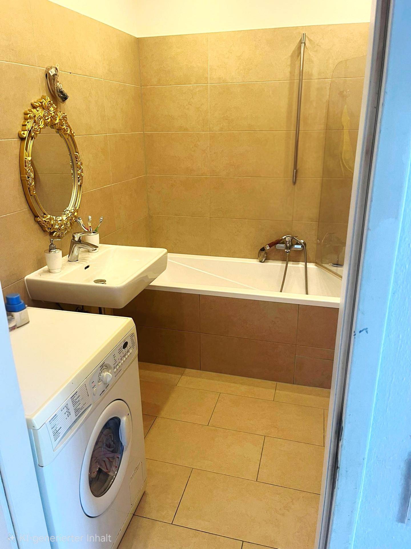 Badezimmer mit Badewanne, Waschbecken, Waschmaschine und beigefarbenen Fliesen.