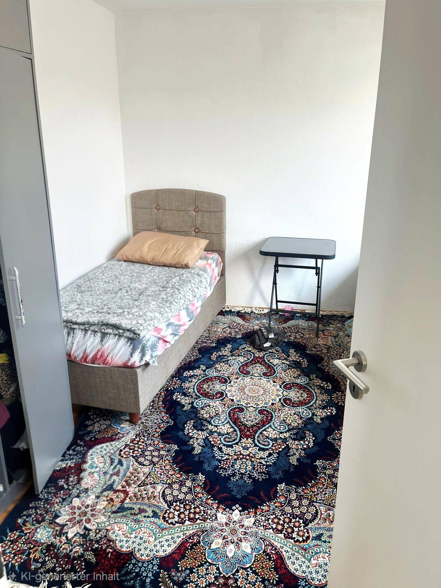 Kleines Schlafzimmer mit Einzelbett, Teppich und weiß gestrichenen Wänden.