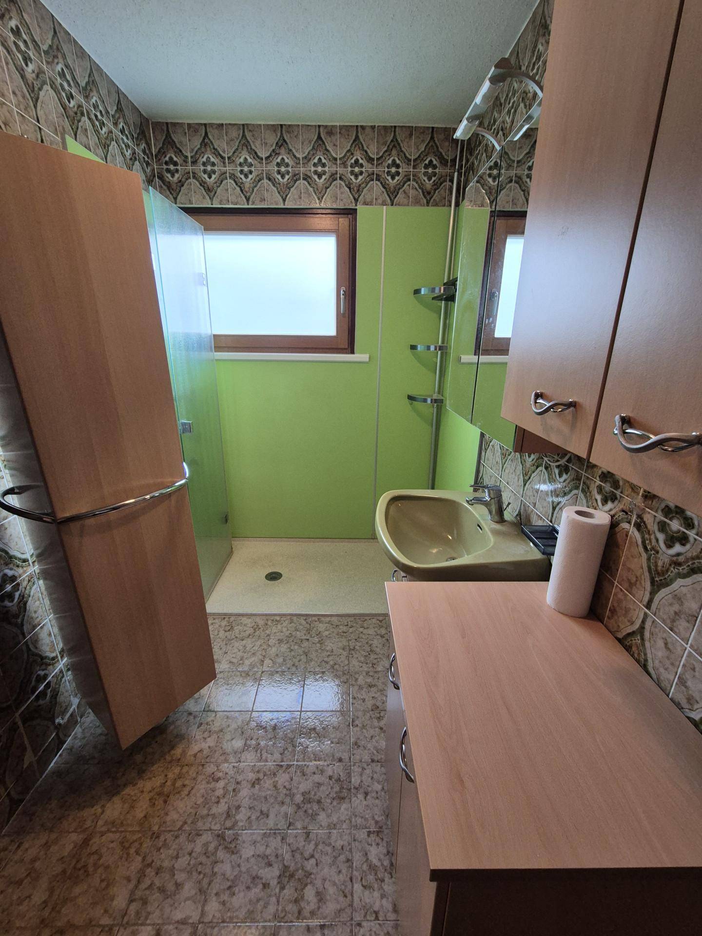 Badezimmer mit grünen Wänden, gemusterten Fliesen und einer Dusche mit Fenster.