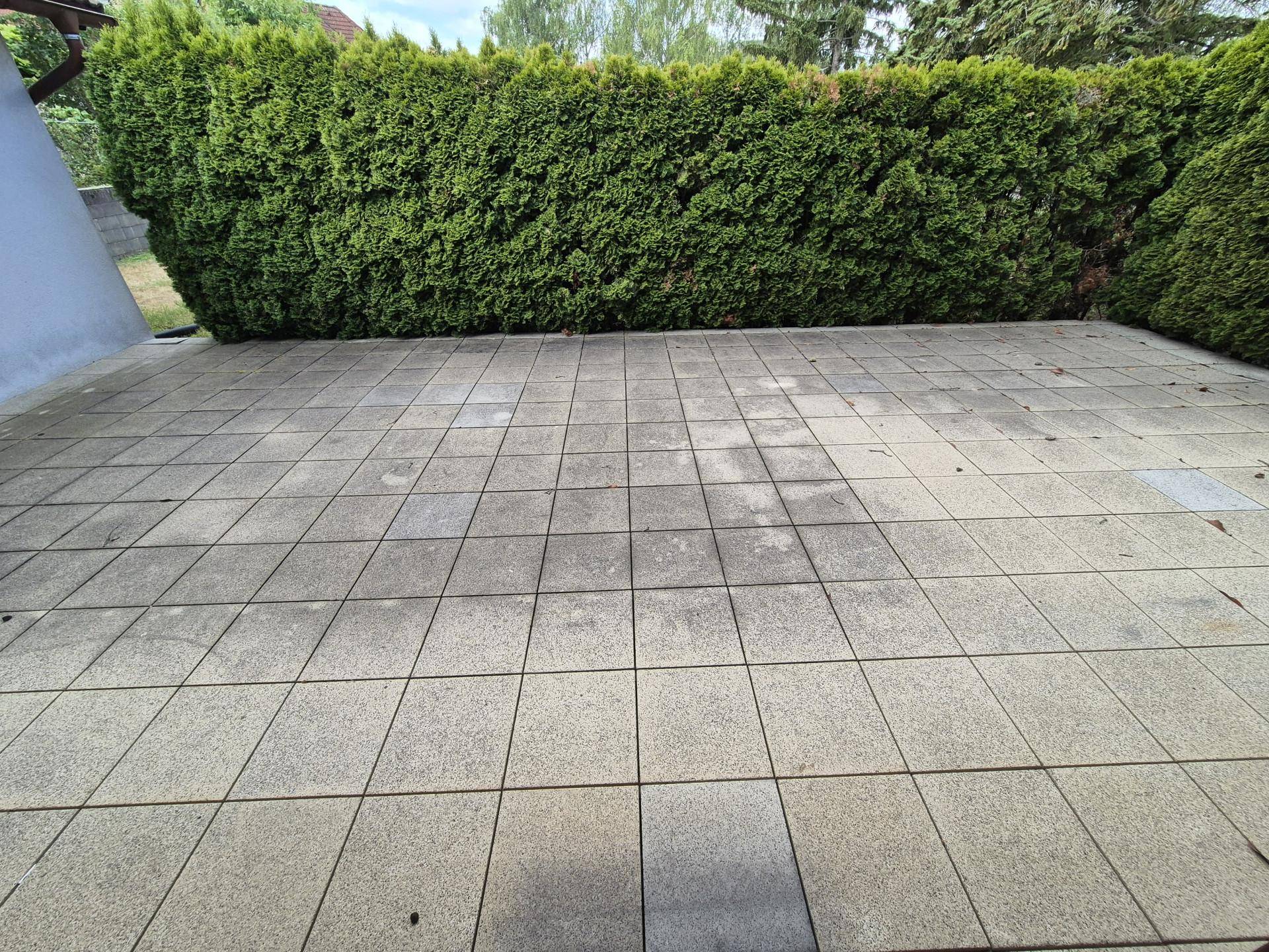 Große, gepflasterte Terrasse mit hoher Hecke als Sichtschutz und viel Platz.