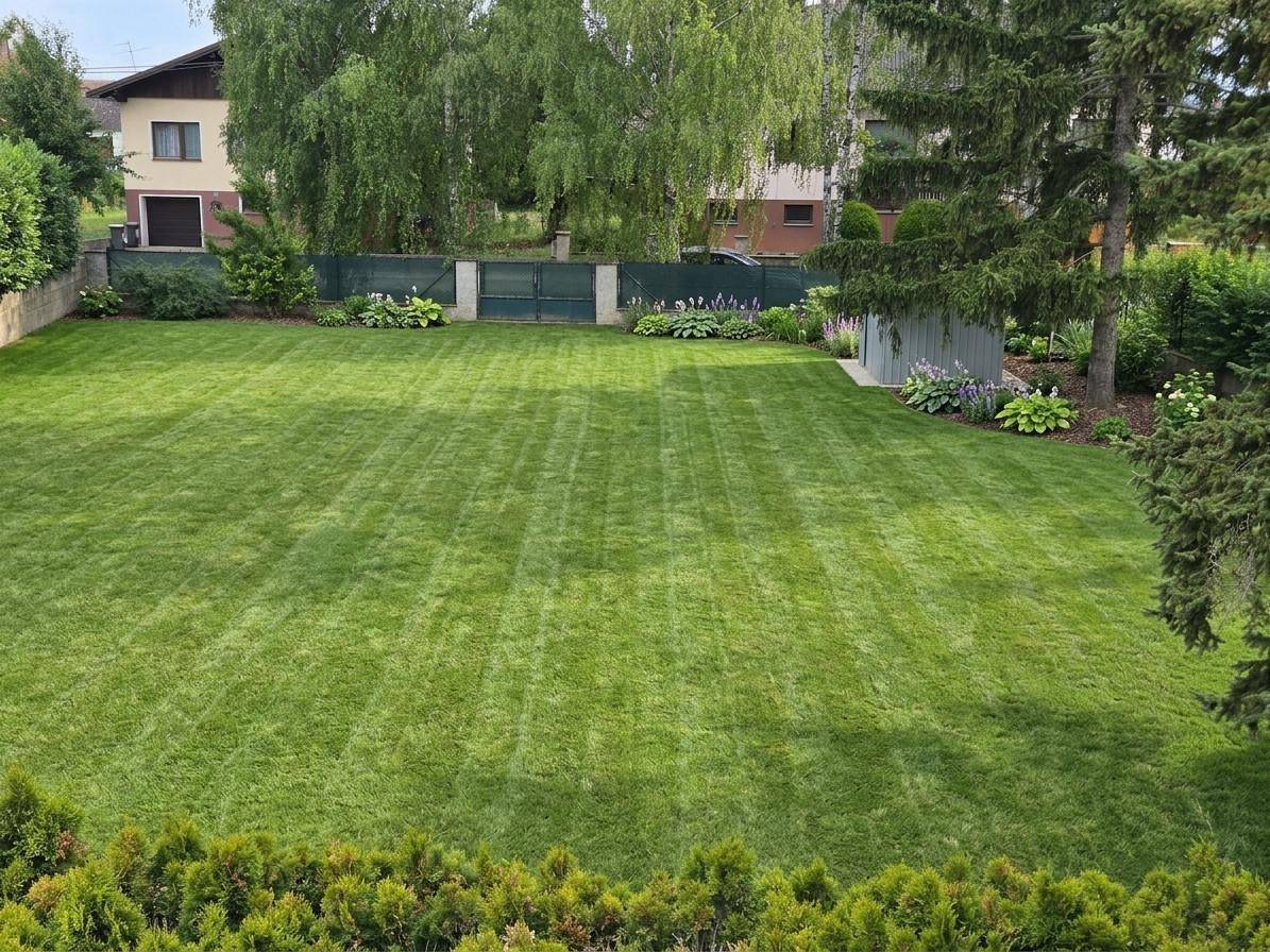 Weitläufiger, gepflegter Garten mit Rasenfläche und hohen Bäumen, umgeben von Hecken.