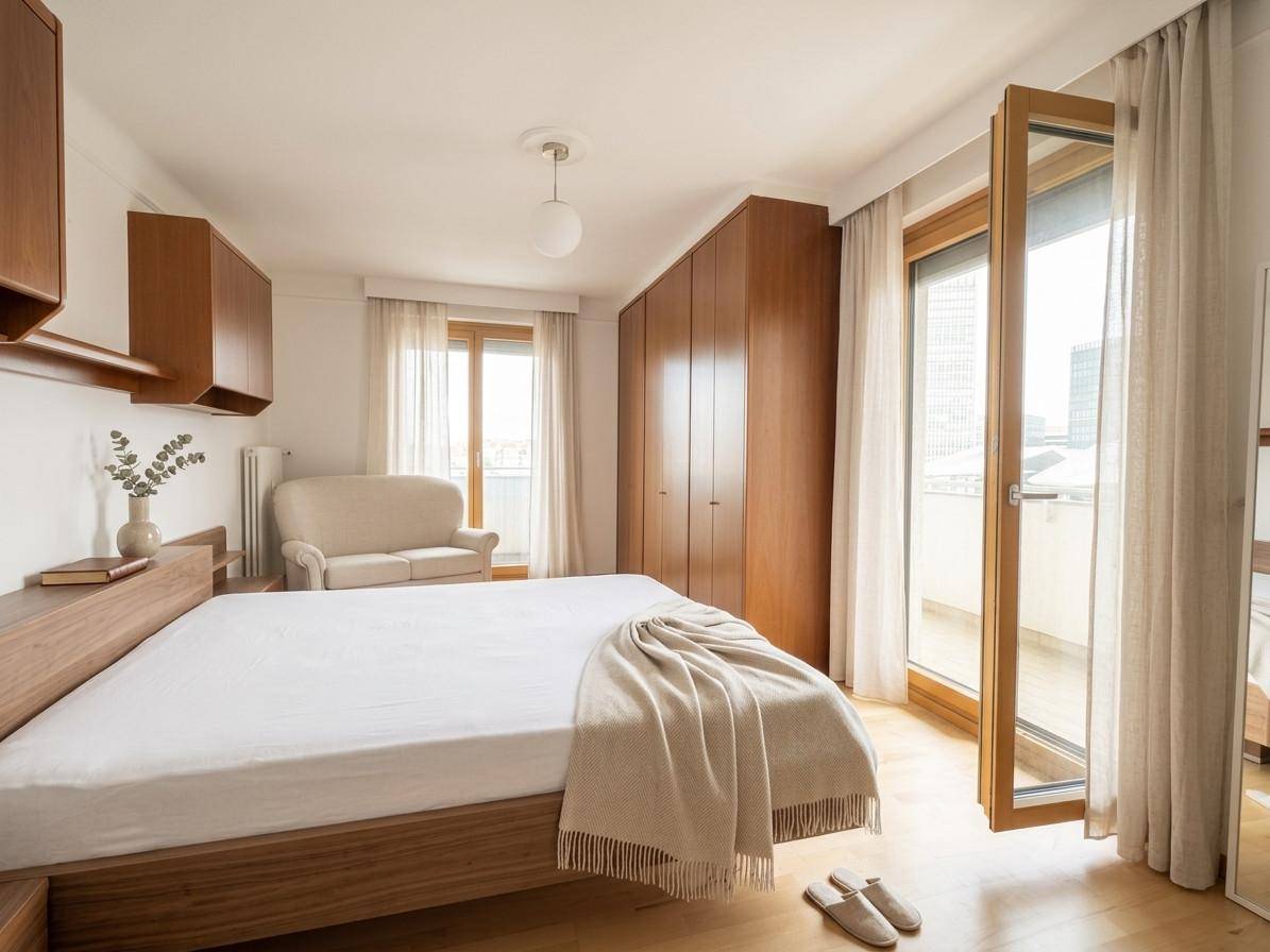 Helles Schlafzimmer mit Holzbett, Einbauschränken und direktem Zugang zum Balkon.