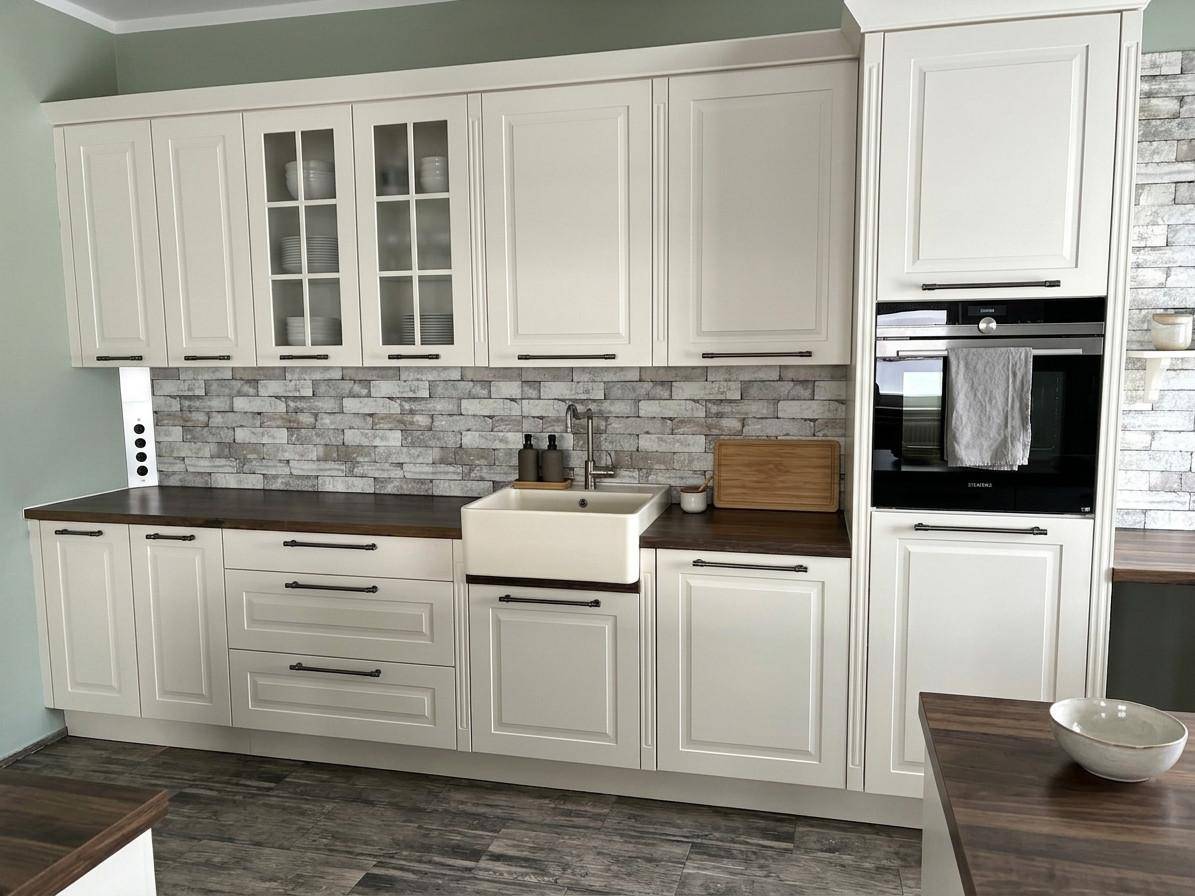 Moderne weiße Einbauküche mit Holz-Arbeitsplatten, integriertem Backofen und Steinoptik-Fliesen.