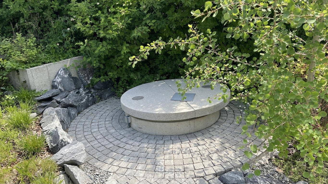 Runde Steinsitzgelegenheit auf gepflastertem Untergrund, umgeben von üppigem Grün und Felsen im Garten.
