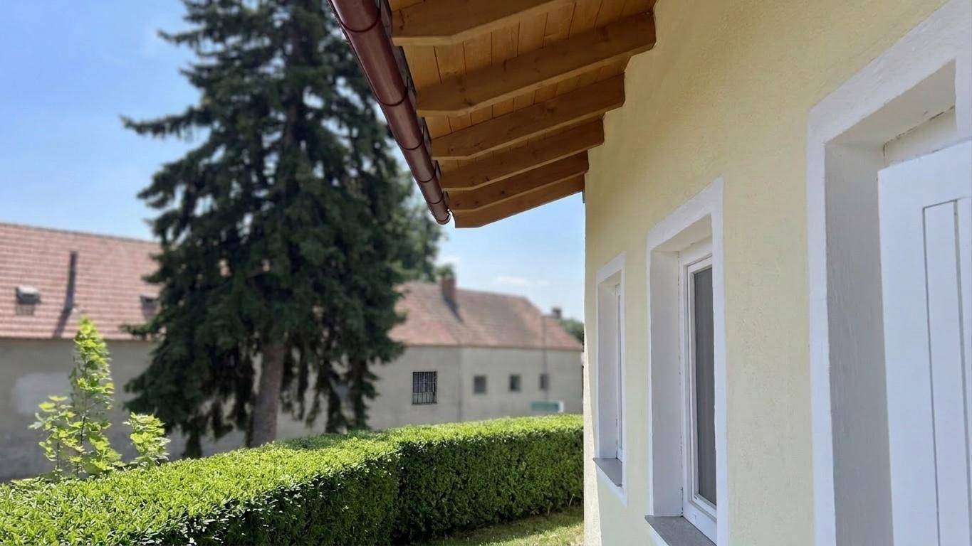 Seitenansicht eines Hauses mit gelber Fassade, Holzdachüberstand und gepflegter Hecke vor einem großen Baum.