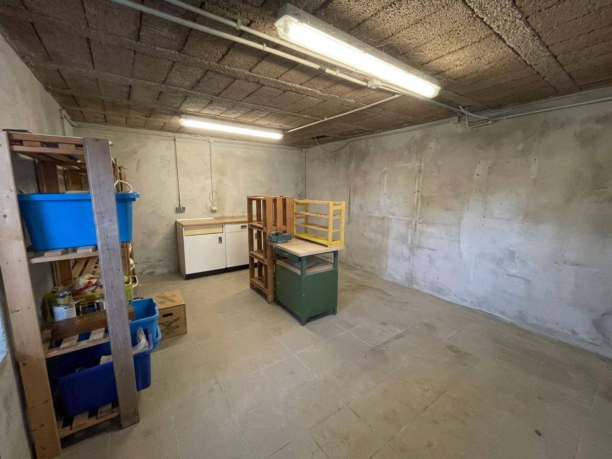 Geräumiger Kellerraum mit Betonwänden, Fliesenboden und einfachen Regalen.