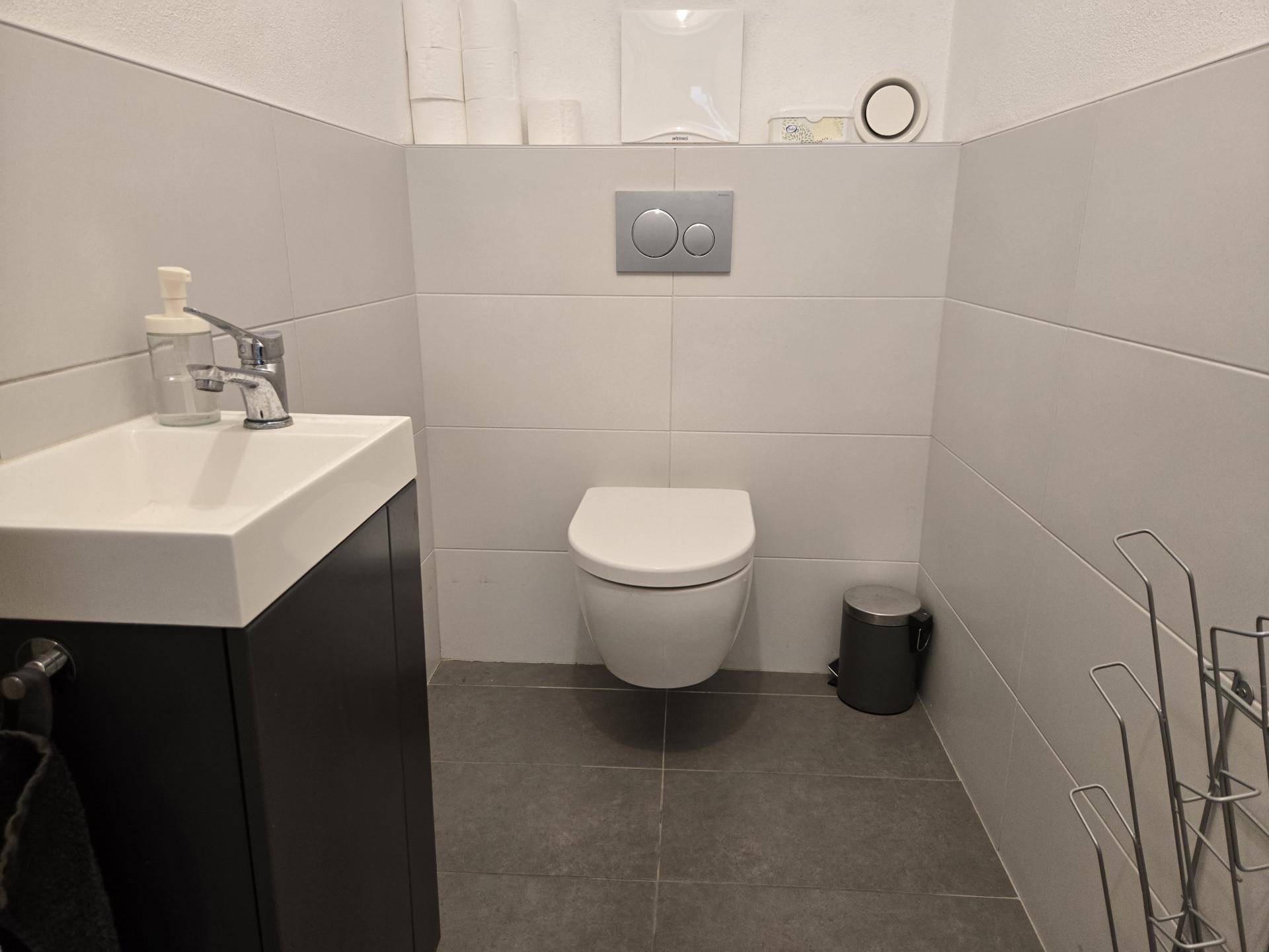 Modernes Gäste-WC mit Wand-WC, kleinem Waschbecken und grauen Fliesen.