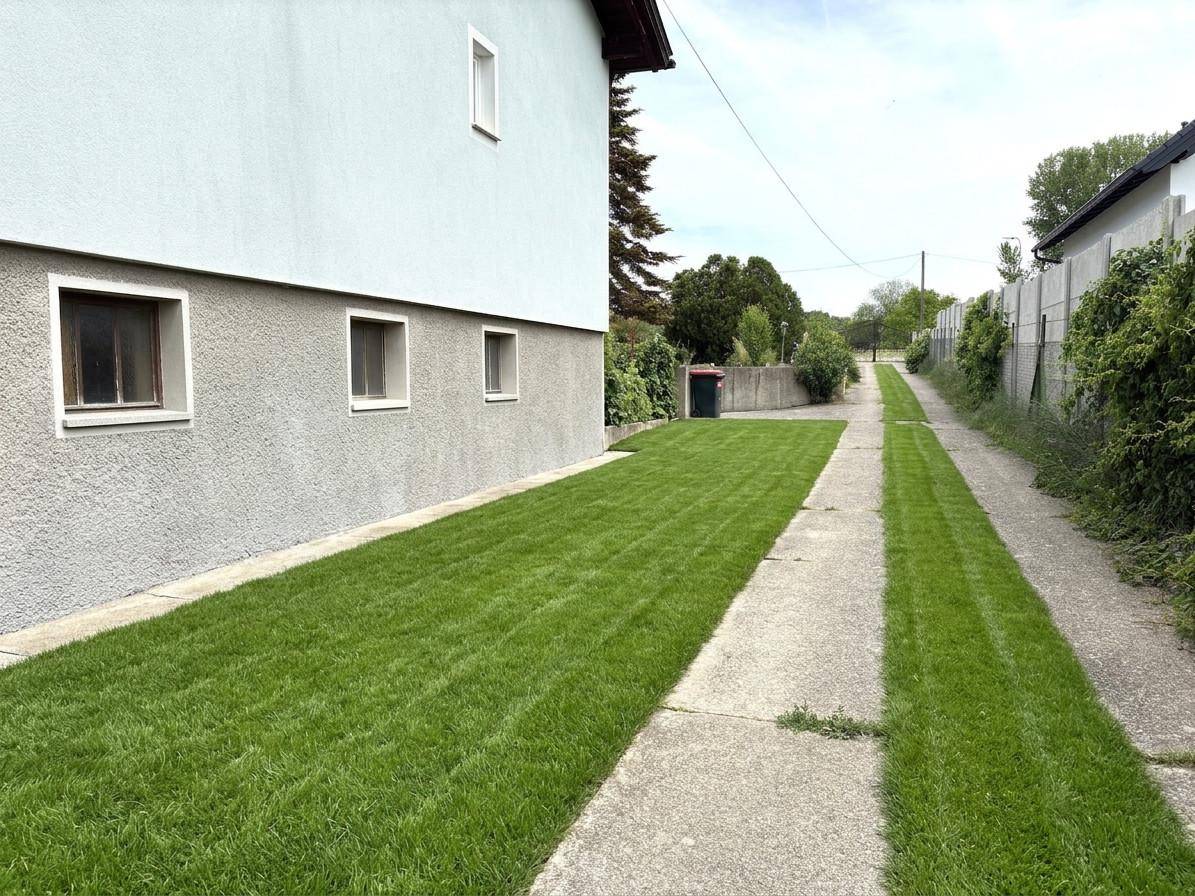 Seitenansicht des Hauses mit gepflegtem Rasen und einem schmalen Weg.