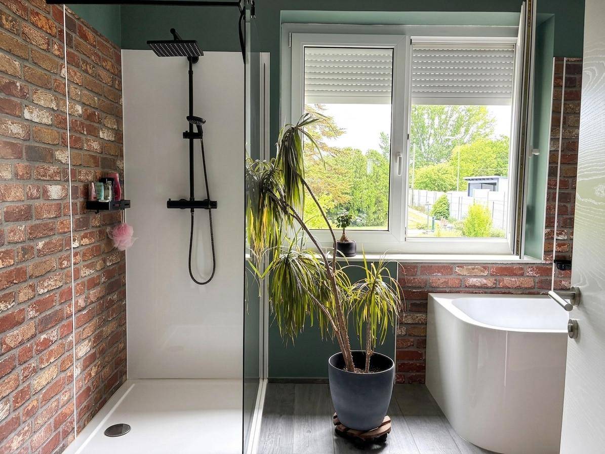 Badezimmer mit begehbarer Dusche, Badewanne und Fenster mit Blick in den Garten.