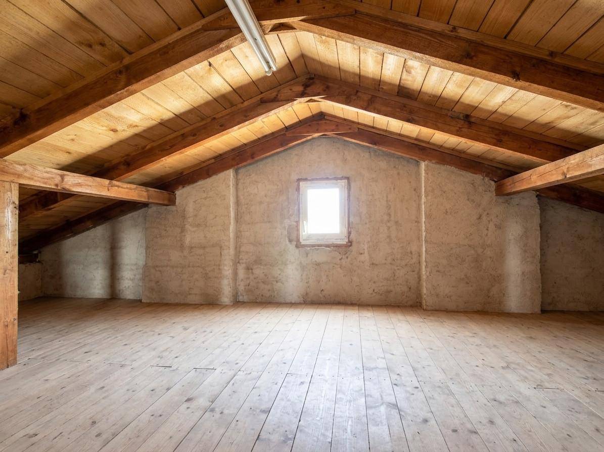 Geräumiger Dachboden mit Holzbalken, Holzboden und kleinem Fenster.