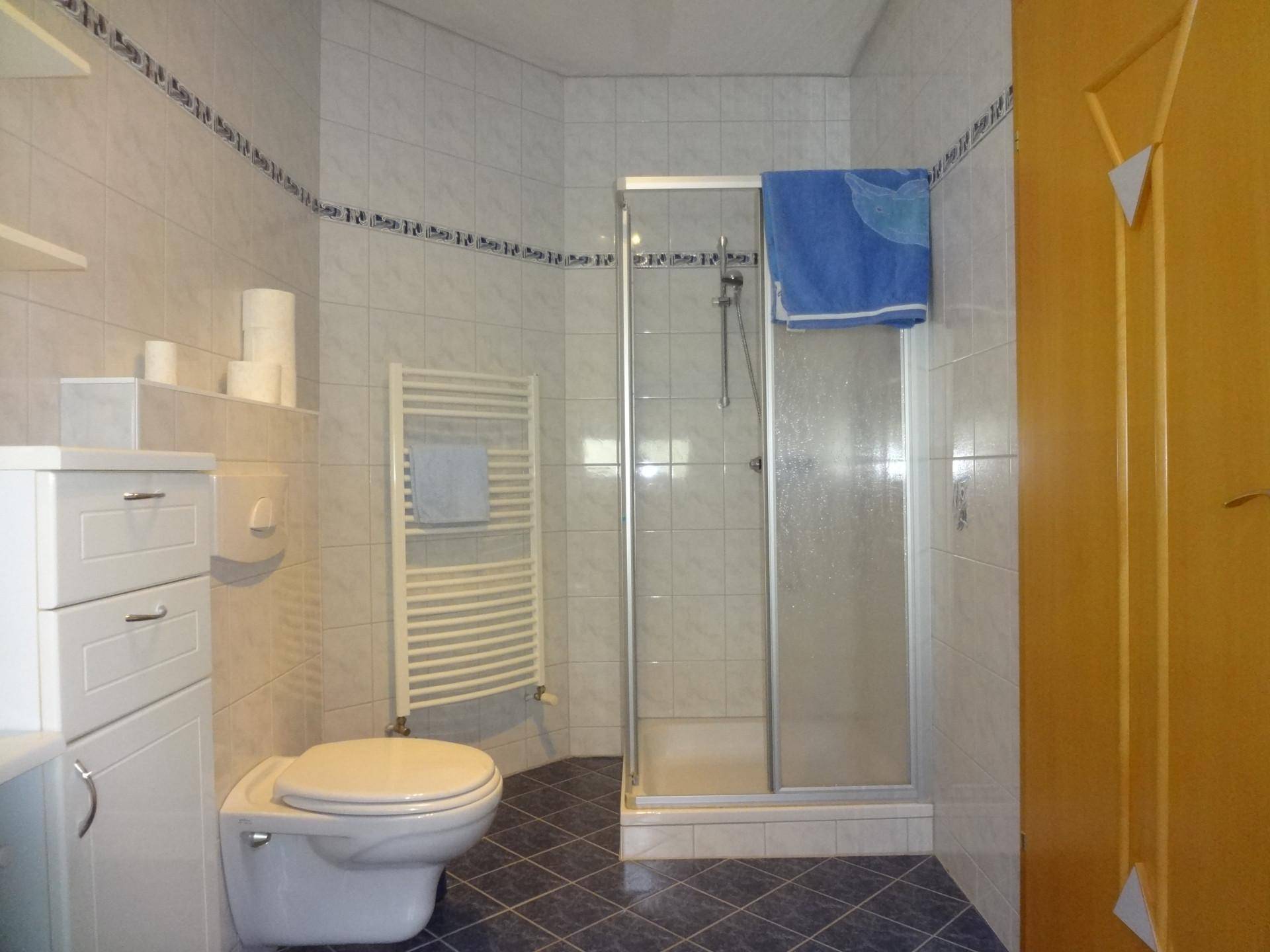 Badezimmer mit Dusche, WC, beheiztem Handtuchhalter und blauen Bodenfliesen.