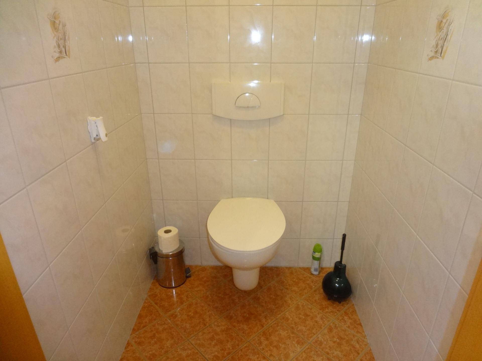 Separate Toilette mit hellen Fliesen an Wänden und dunkleren Fliesen am Boden.