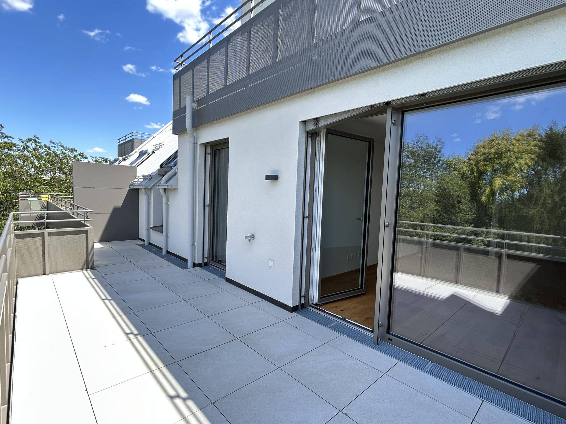 Helle Terrasse mit Zugang zu Innenräumen durch große Glasschiebetüren und Blick ins Grüne.