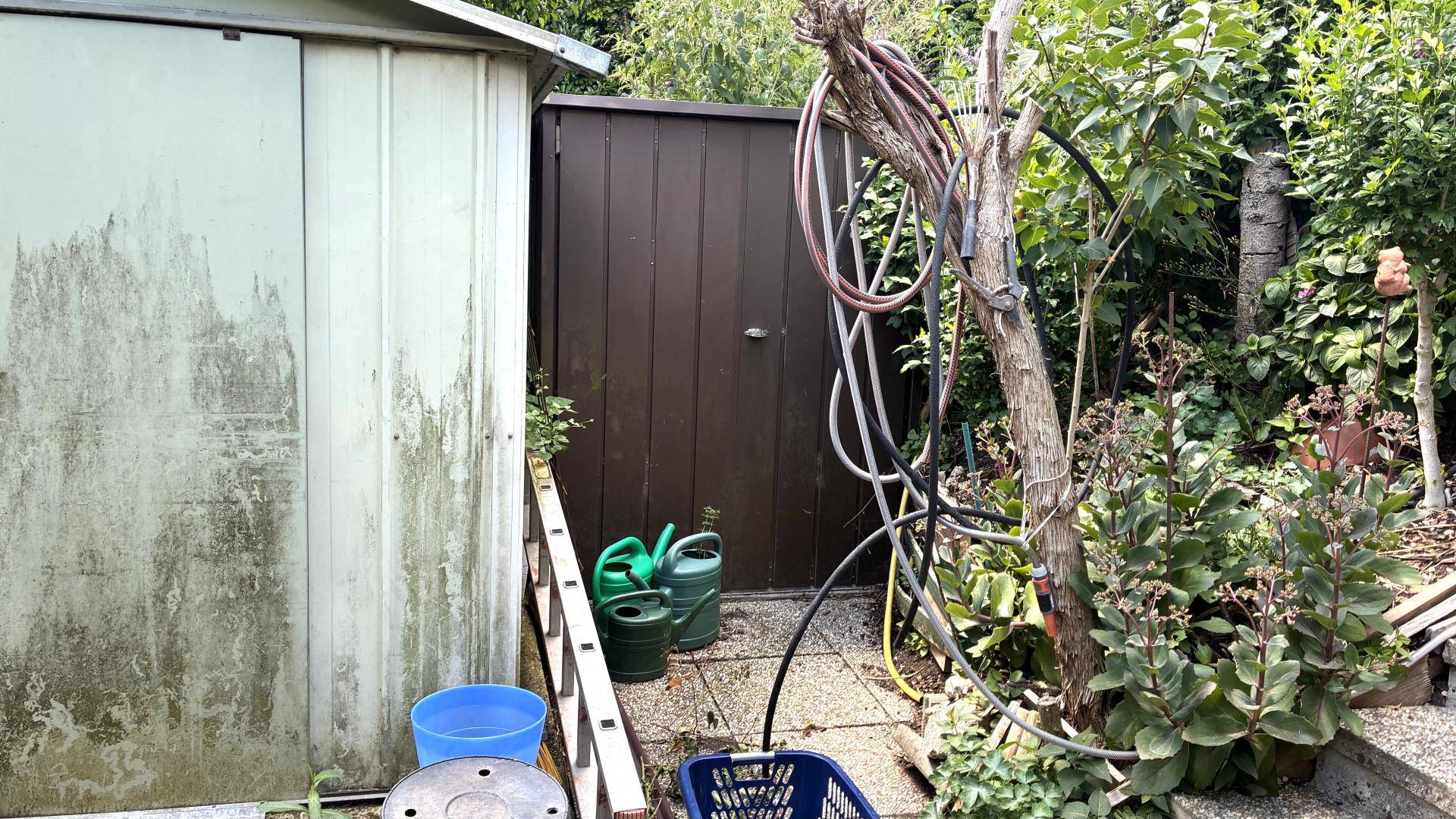 Geräteschuppen im Garten mit Gartengeräten und Schläuchen, umgeben von Pflanzen.