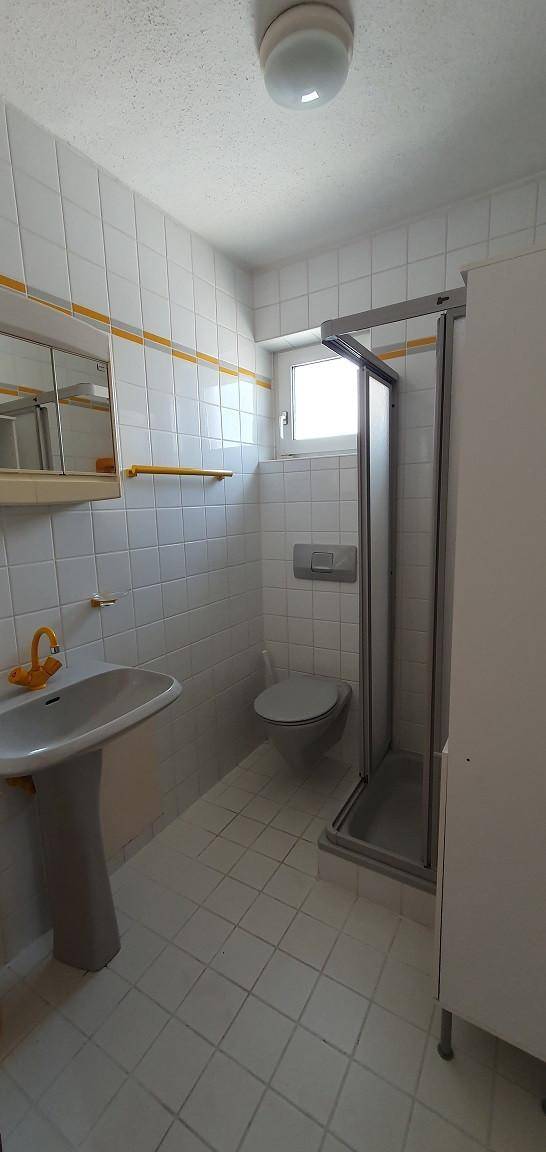 Badezimmer mit Dusche, WC, Waschbecken und Fenster.