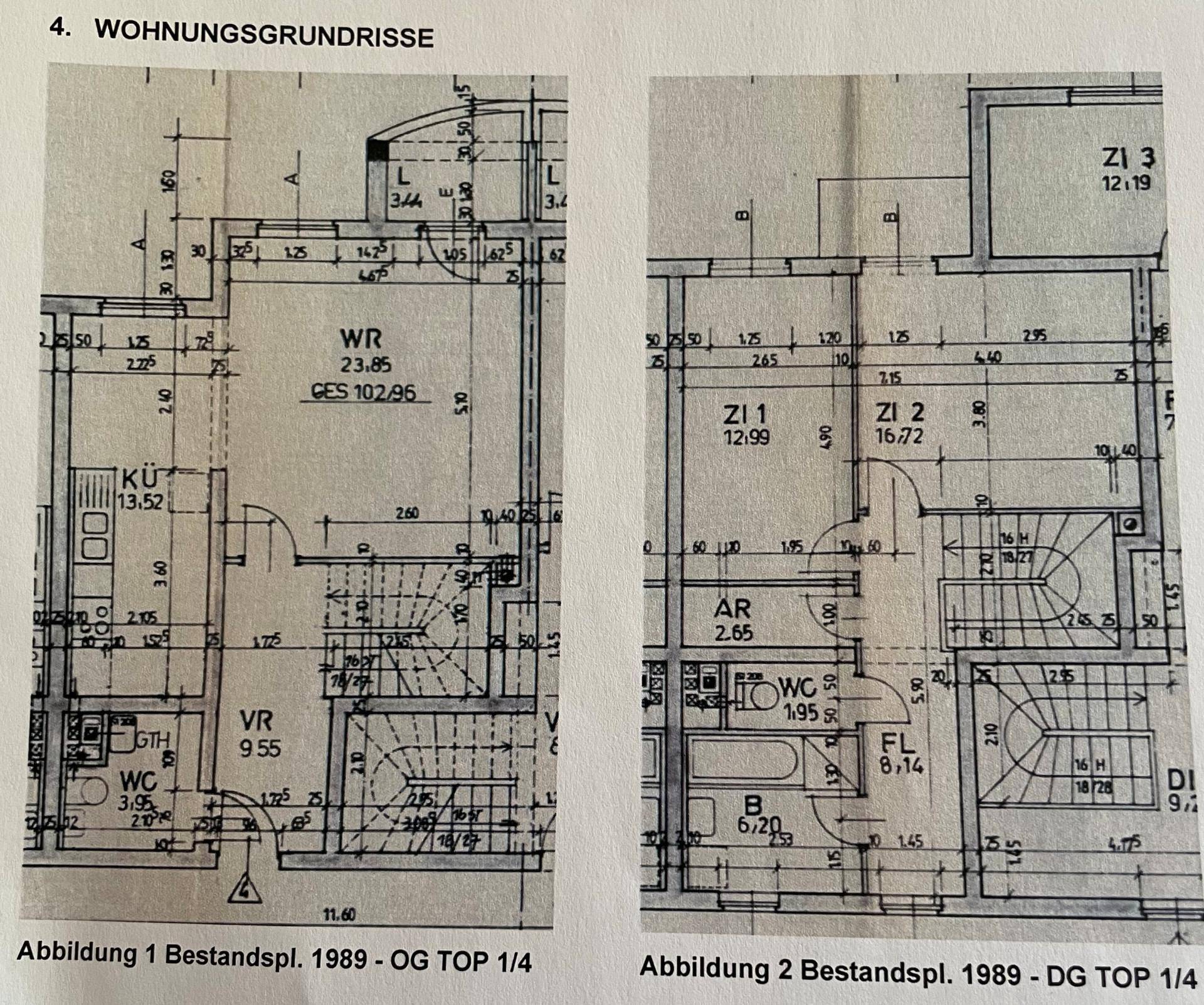 Detaillierte Grundrisse einer Maisonette-Wohnung aus dem Jahr 1989 mit separater Küche und Bädern.