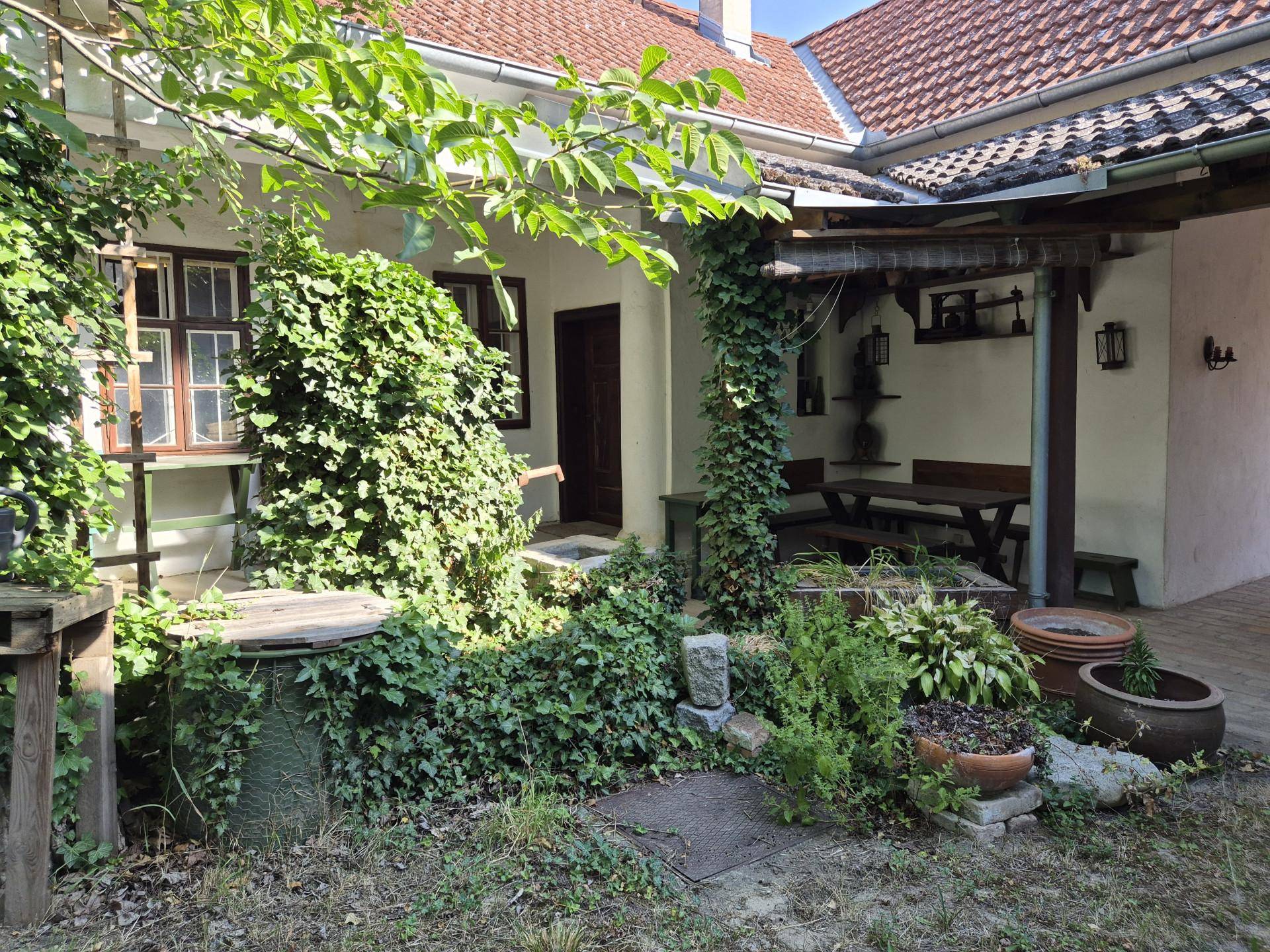 Idyllischer Innenhof mit viel Grün, Topfpflanzen und rustikalen Sitzgelegenheiten unter einem Vordach.