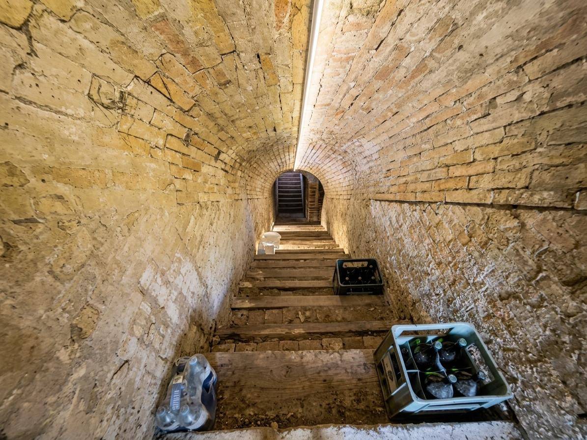 Historischer Gewölbekeller mit Ziegelwänden und Steintreppe, ideal zur Weinlagerung.