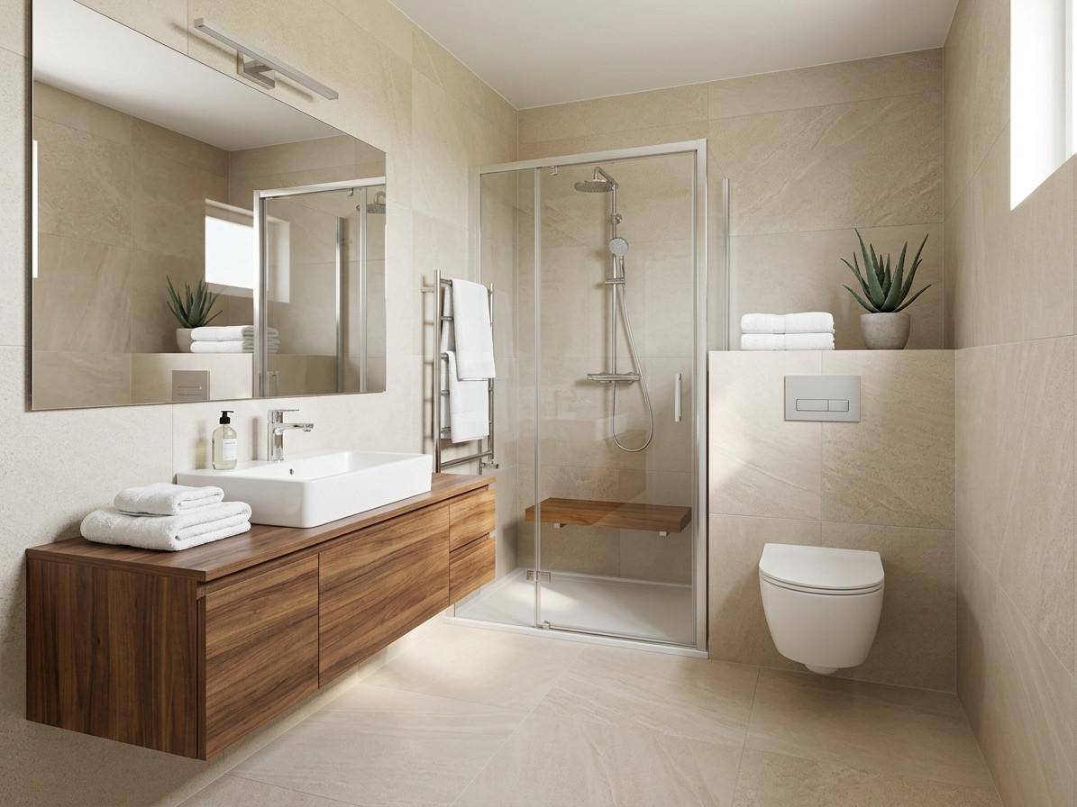 Modernes Badezimmer mit beigefarbenen Fliesen, großem Spiegel und begehbarer Dusche.
