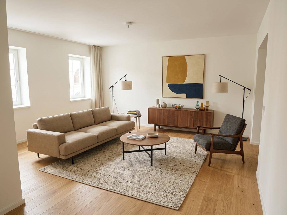 Gemütliches Wohnzimmer mit Holzboden, beigem Sofa und moderner Kunst an der Wand.