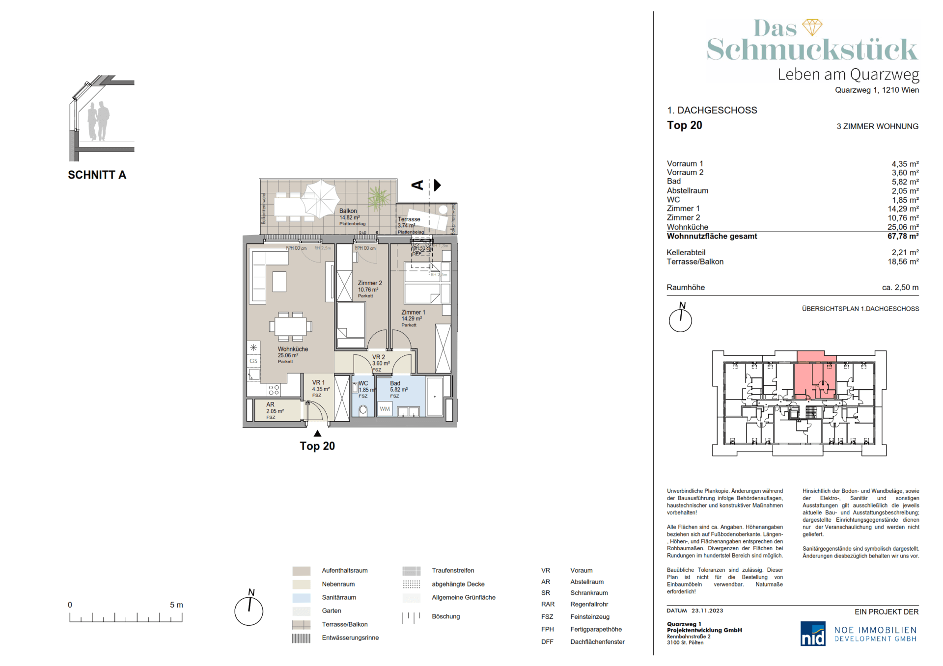 Grundriss einer Dachgeschosswohnung mit offener Wohnküche, zwei Schlafzimmern, Bad, separatem WC, Balkon und Terrasse.