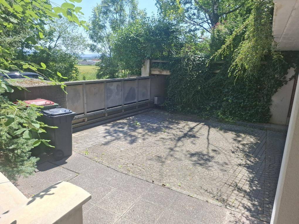 Gepflasterter Außenbereich mit Parkmöglichkeiten und einer von Efeu bewachsenen Mauer, bietet Privatsphäre.