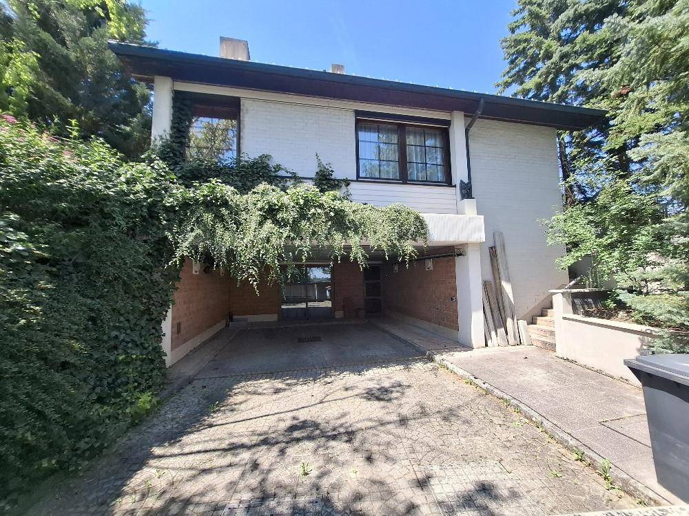 Hauszufahrt mit überdachtem Stellplatz und begrüntem Eingangsbereich, umgeben von Bäumen und Sträuchern.