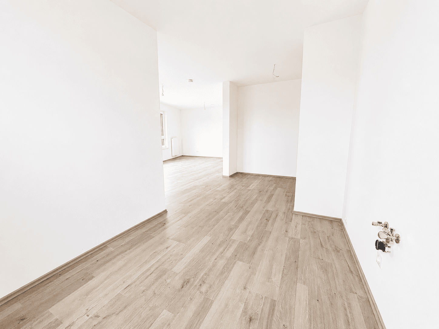 Heller Flur mit Laminatboden und weißen Wänden, der zu weiteren Räumen führt.